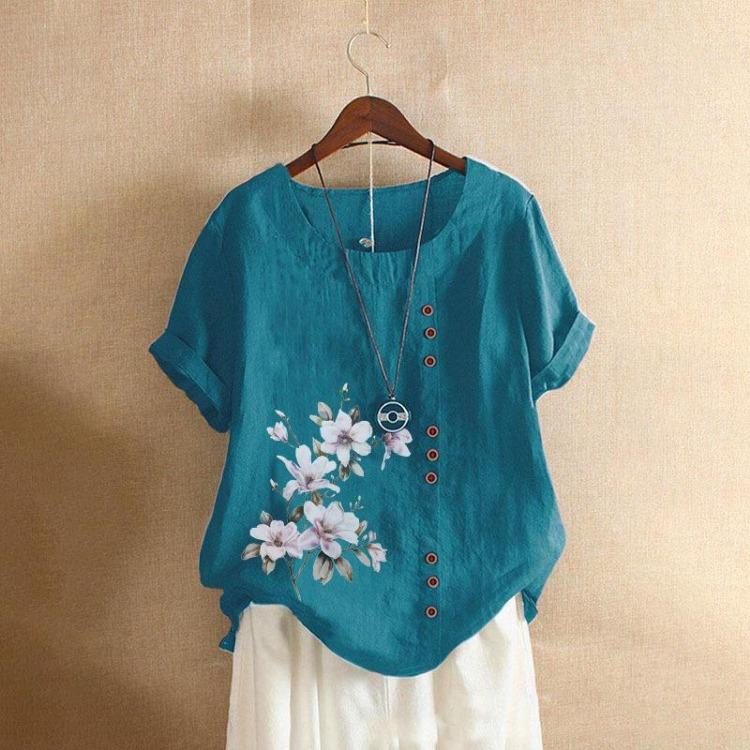 

Summer Autumn Women Retro Cotton Linen Short Sleeve T Shirt Loose Fit Large Size Comfortable Casual Top 5XL темно-зеленого