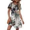 Damen Kurzarm Blumenprint Lässiges Kleid Rundhalsausschnitt Mit Taillengürtel Mit Taschen Leichtes Sommerkleid