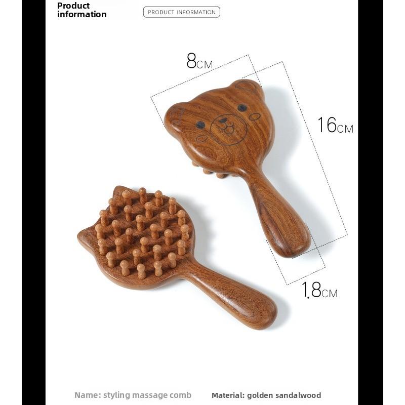 Sandalwood Cat & Bear Massage Meridian Comb - Long Hair, Full Body Use - Scalp Massage Wide Tooth Comb