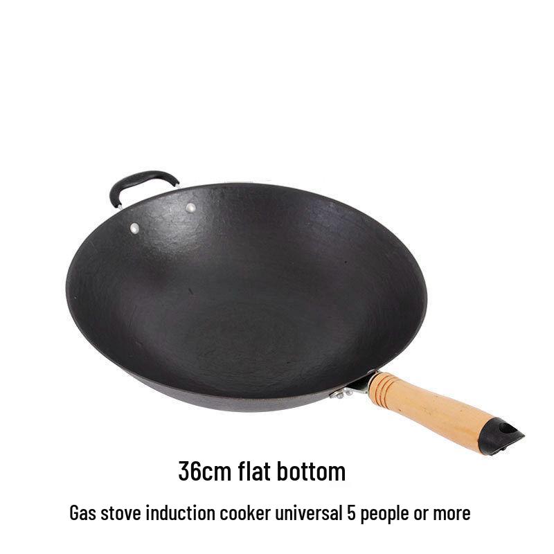 Vintage Uncoated Cast Iron Flat-Bottom Non-Stick Wok, Compatible with Induction & Gas Stoves, Ideal for Rural Household Stir-Fry.