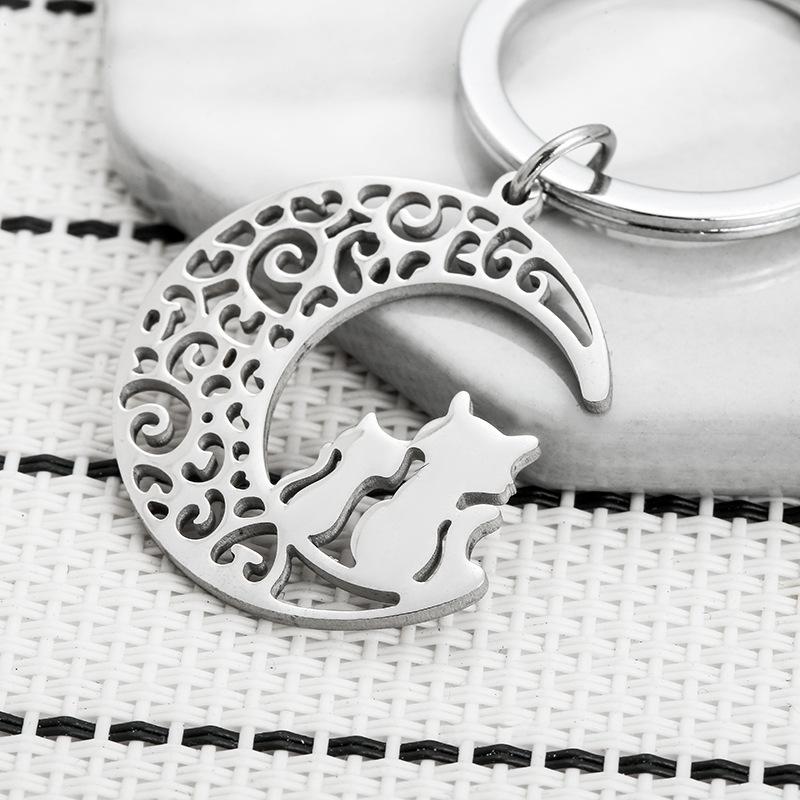 Cartoon Moon Cat Stainless Steel Keychain Sweet Snuggling Kitten Design Fashion Couple Pendant Practical Daily Bag Charm