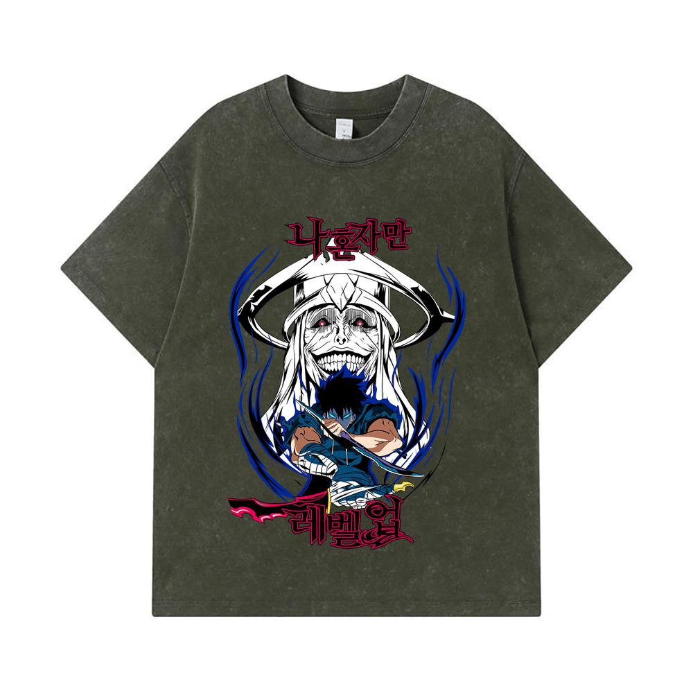 

275 GSM Washed T-shirts 100% Cotton Solo Leveling V9 Print Unisex Heavy Cotton T Shirt S армия зеленый