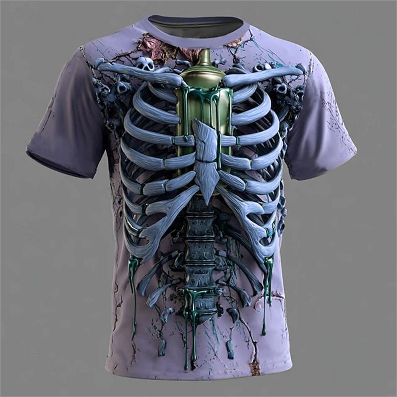 New Halloween Men's 3D Bone Print T-shirt Round-neck Short-sleeved T-shirt Shirt Horror Party Top Street Fashion Clothing