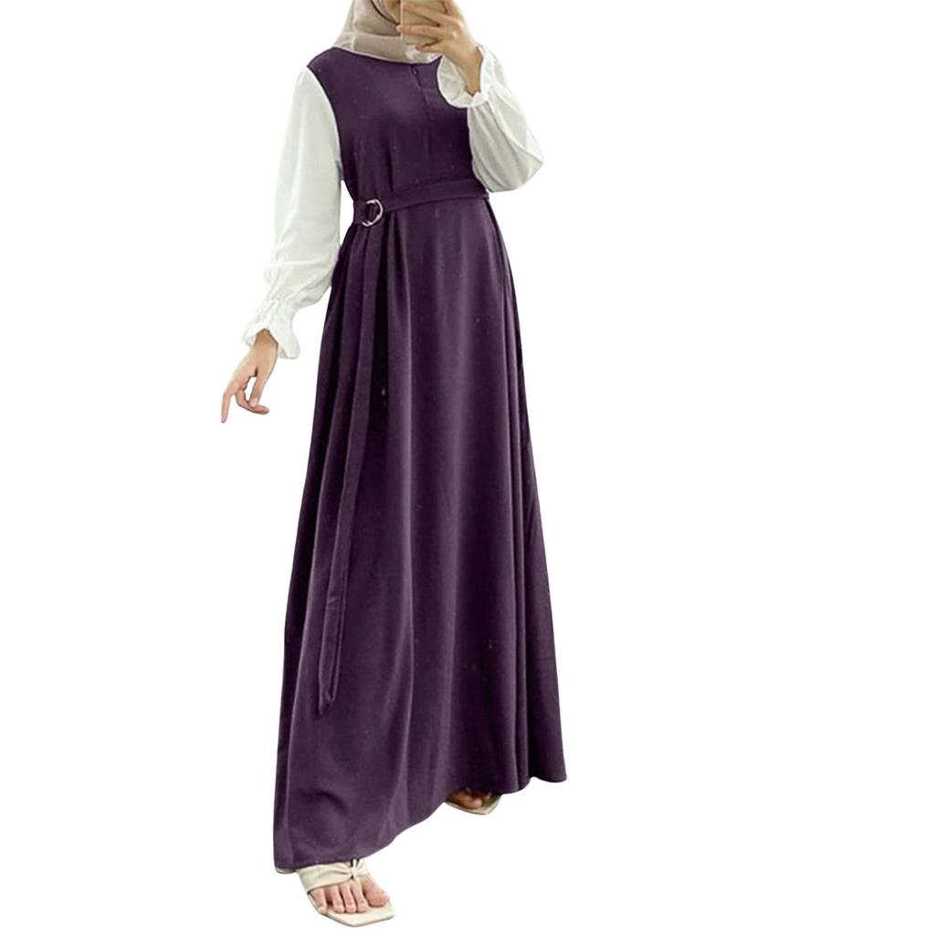 Muslimische Damenkleider, lässig, Patchwork, langärmelig, Weste mit Krawatte, Kleidung, muslimische Robenkleider