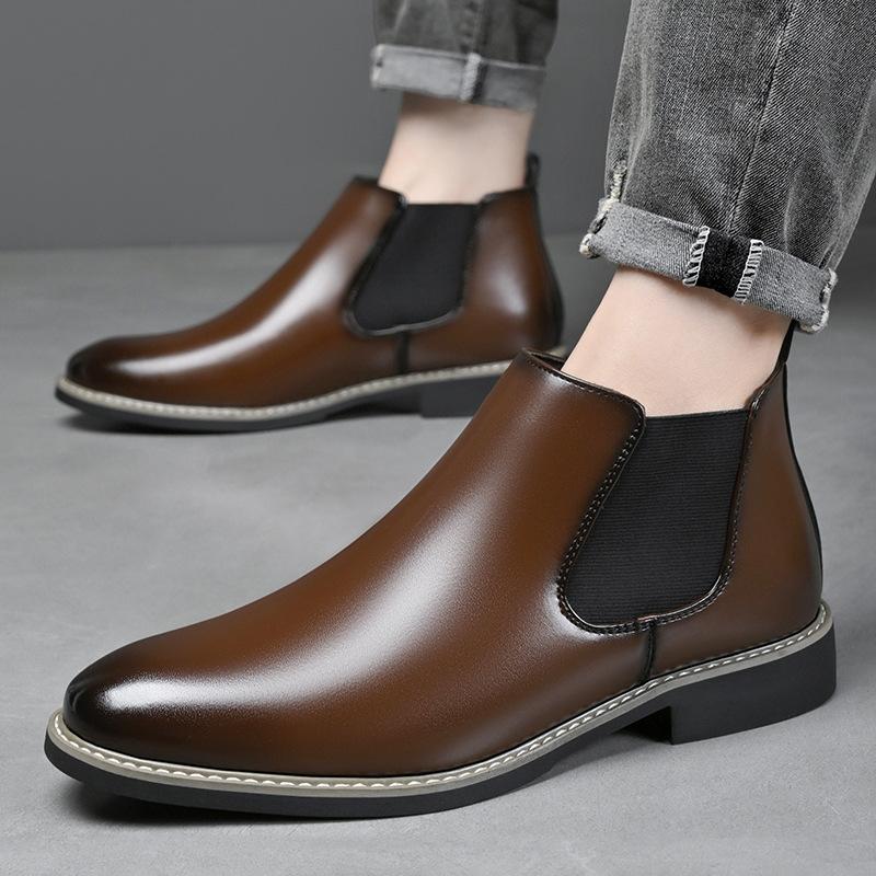 Britain Gentleman Designer New Men'a Brown Pointed Patent Leather Casual Chelsea Ankle Boot Winter High Tops Shoes