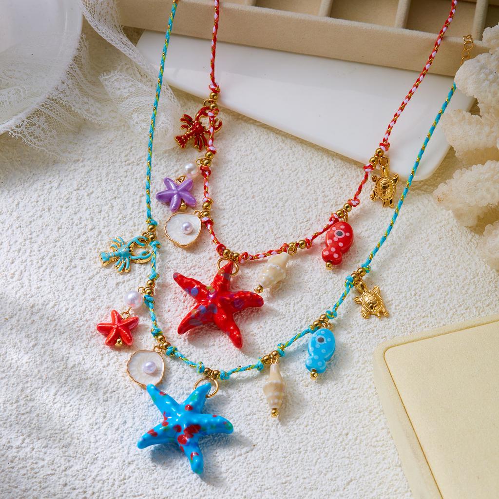Y2K Colorful Starfish Fish Lobster Charm Necklace for Women Ceramic Rope Chain Ocean Boho Summer Jewelry Gift Party Accessories