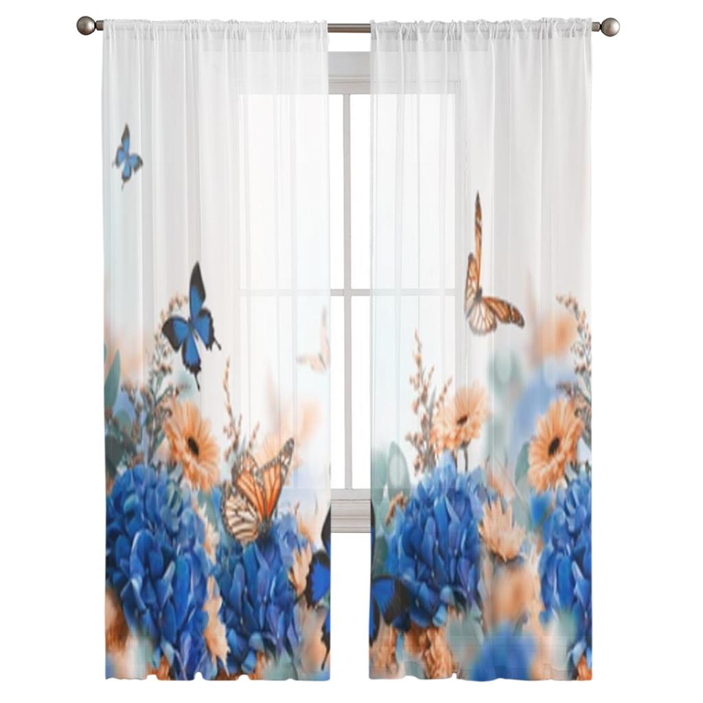 Hydrangea And Daisies Chiffon Sheer Curtains For Living Room Bedroom Decoration Window Tulle Curtains Drapes
