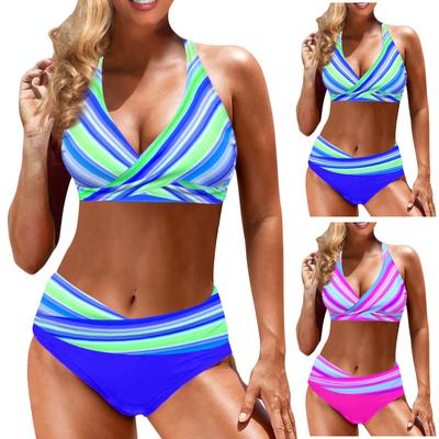 Biquíni feminino estampado de cintura alta com bojo e sutiã sem sutiã de aço