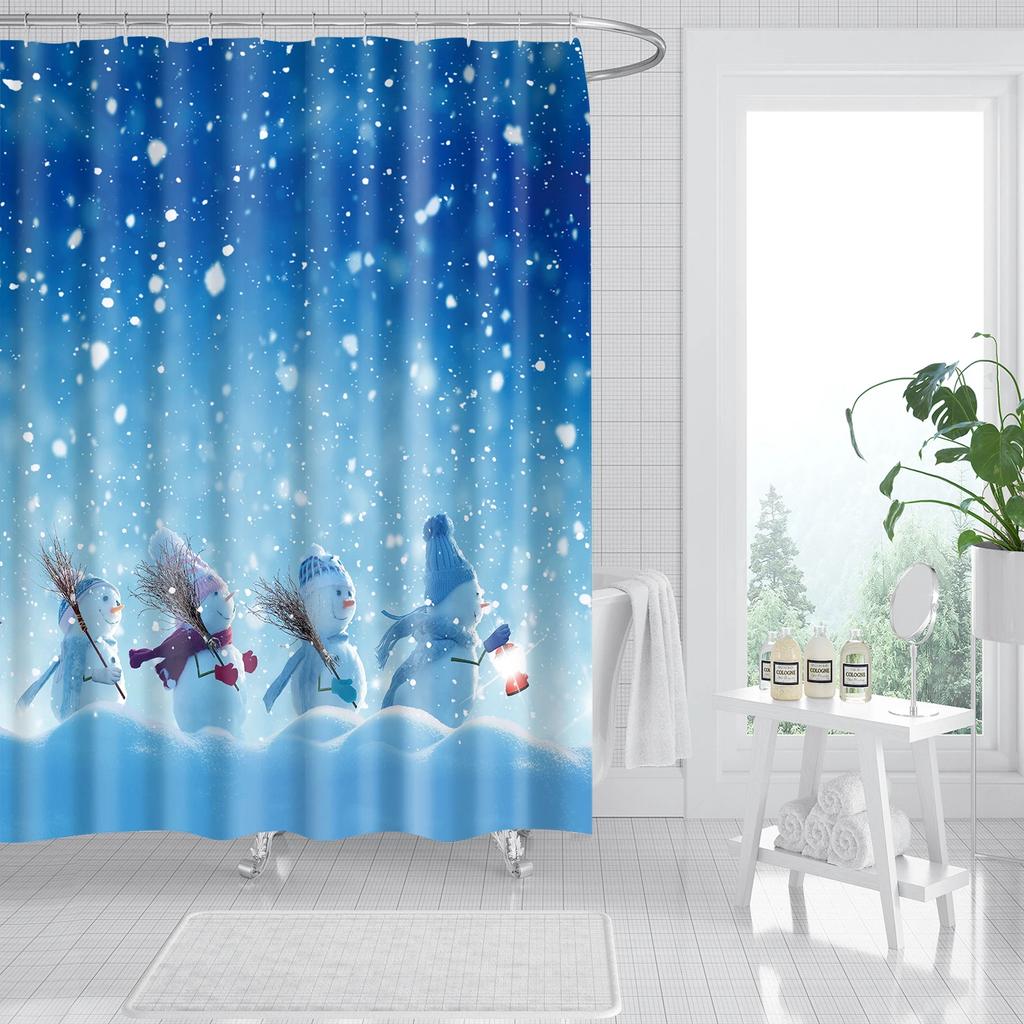 Merry Christmas Shower Curtains New Year Santa Bathroom Decor Bath Curtain Cartoon Snowman Elk Bath Bathroom Curtains