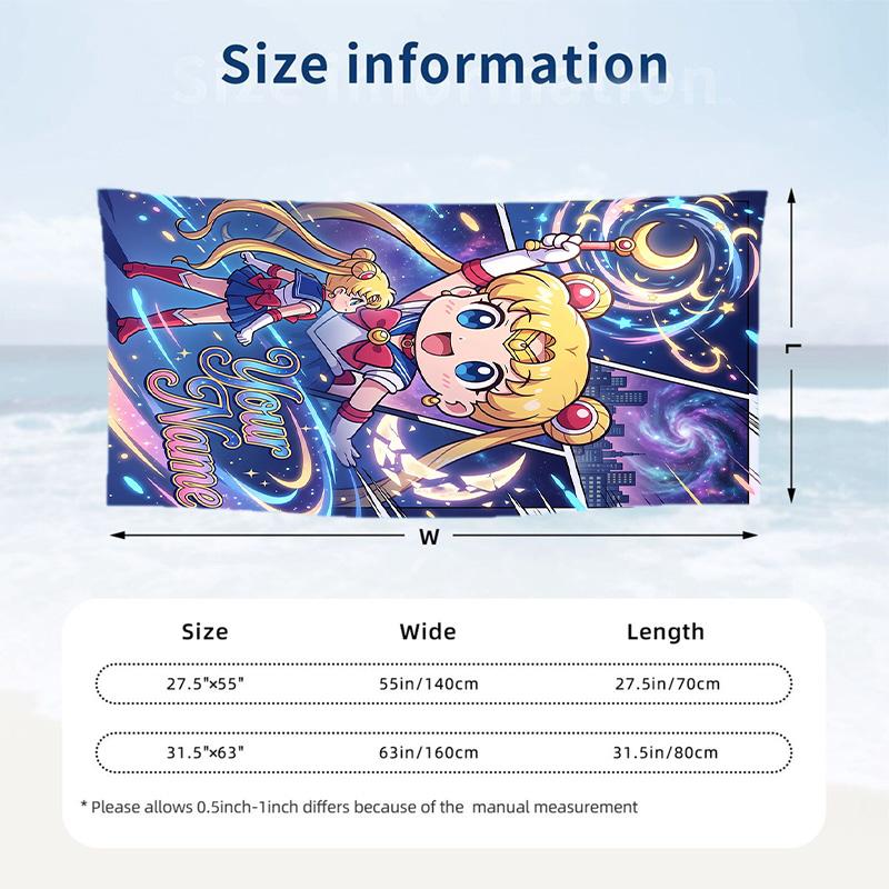 Sailor Moon Beach Towel, Personalized Custom Name Text, Quick Dry Large Absorbent Towel For Beach Pool