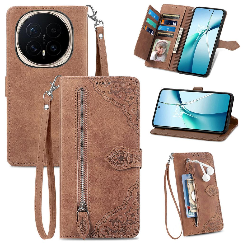 For Honor Magic8 5G Zipper Wallet Case with Strap Flower Imprint PU Leather Phone Cover