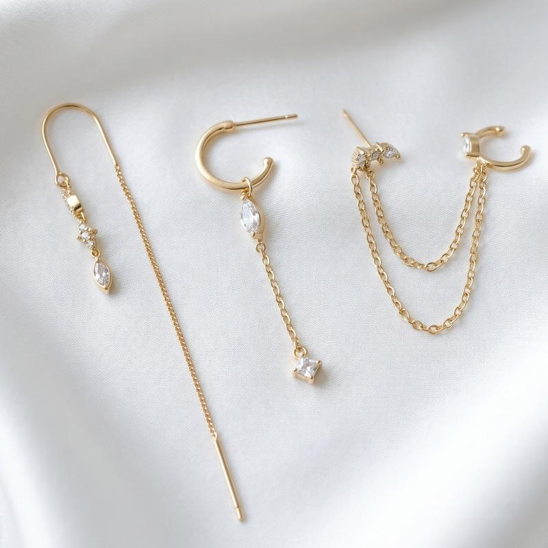 Personalized women's zircon long chain stud earrings, fashionable and exquisite high-end ins wind earbone clip earrings set batch