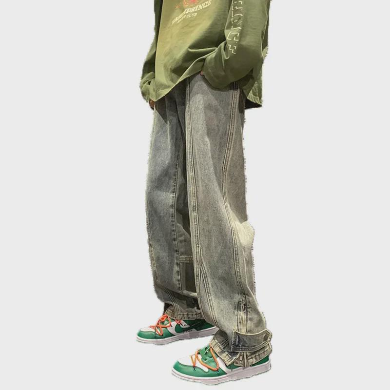 Calça Jeans Masculina de Verão Moda Retro Rasgada de Perna Larga