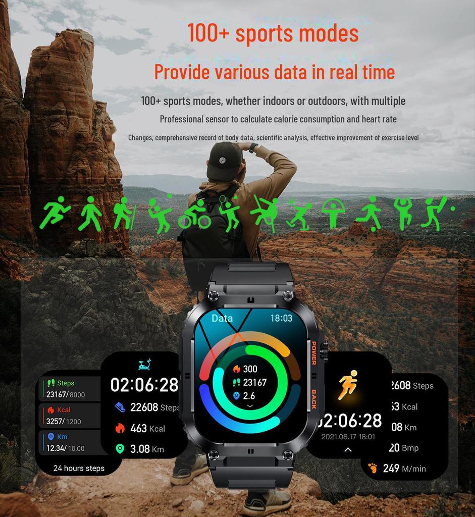 K57PRO Bluetooth Smartwatch: 1.96" Display, Heart Rate, Blood Pressure & Oxygen Monitoring, Music, Weather, and Call Capabilities.