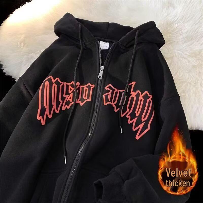 

Kids Fleece-Lined Hooded Sweatshirt: Trendy Letter Print Zipper Cardigan for Autumn/Winter XXL чорний