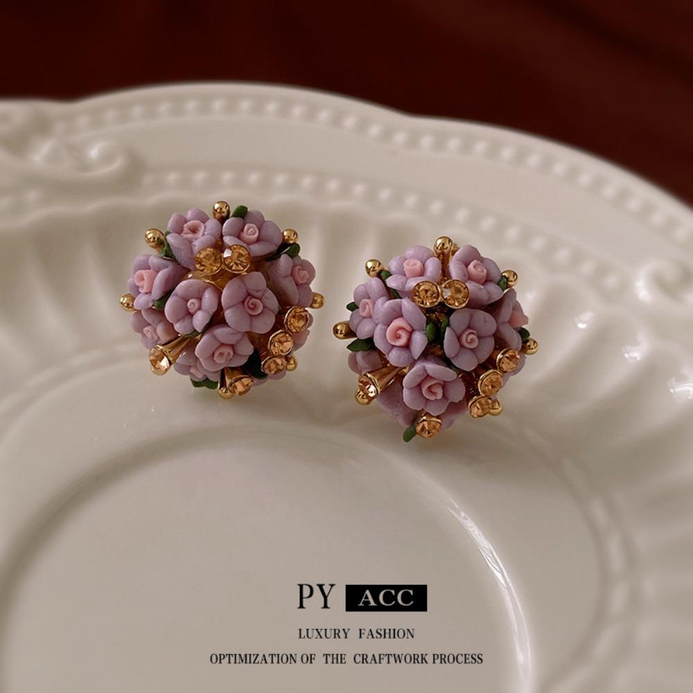 Silver Needle Diamond Pearl Purple Earrings French Retro Niche Design Earrings Light Luxury Premium Earrings