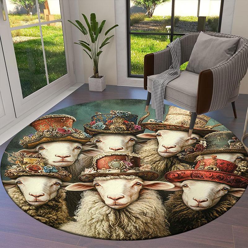 Cute animals with oil painting textureRound Area Rug,Carpet Rug for Living Room Bedroom Sofa Playroom Decor,Non-slip Floor Mat