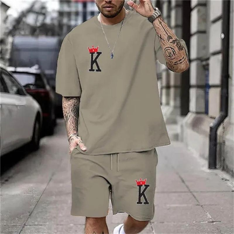 

Лето 2024, повседневная одежда, футболка с принтом Crown K, шорты, комплект из двух предметов, модные шорты с короткими рукавами, мужская одежда Xl