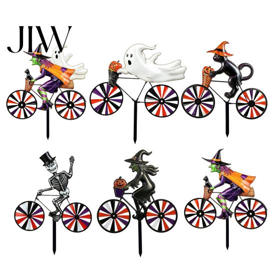 Portable Garden Art Halloween Wizard/Ghost/Black Cat/Skeleton Bicycle Ground Stake Ornament, Metal Stakes, Yard Sculptures Decorative