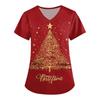 Women's Cute Printed Work Clothes V-neck Double Layer Pockets Basic Short Sleeve Top Pullover Christmas