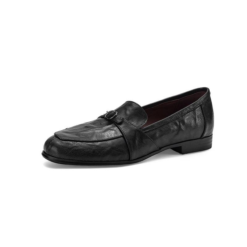 Krazing Pot Sheepskin Round Toe Thick Med Heels Spring Shoes Slip On Big Size 42 Loafers Women Pleated Beauty Pumps