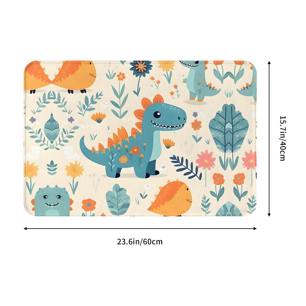 Dinosaur Floral Print Doormat Cream Blue Orange Illustrated Polyester Machine Washable Cold Water Only 80x50cm