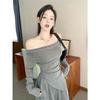 Women's Two-Piece Set: Tea-Colored One-Shoulder Irregular Top and Grey Wide-Leg Pants for Autumn