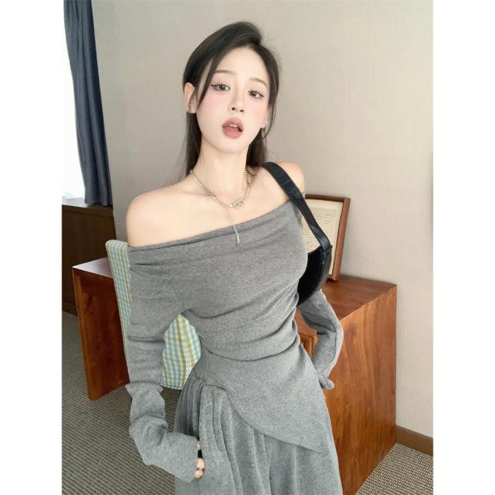 

Women s Two-Piece Set: Tea-Colored One-Shoulder Irregular Top and Grey Wide-Leg Pants for Autumn S