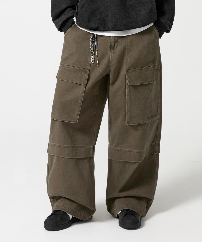 TRILLION Stone Washed Cargo Pocket Cotton Pants_Khaki
