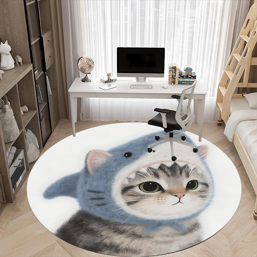 1PC Shark Cat Office Round Area Rug, Indoor Mat Suitable ForOffice, Under Office Chairs Bedroom Living Room Home Decor, Room Deco f171