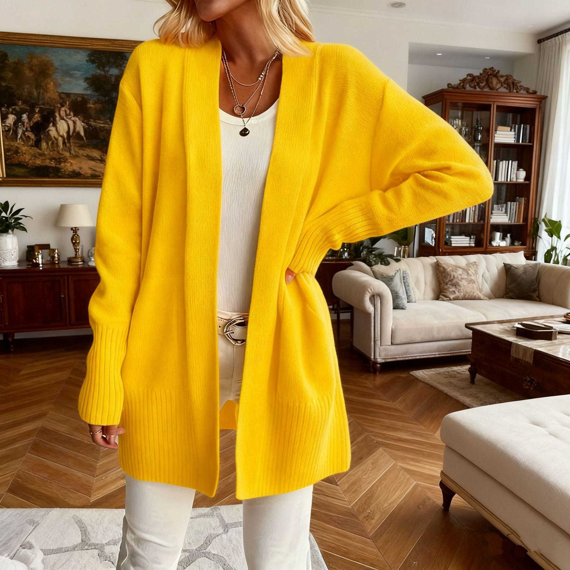 QINQING Dames Oversized V-hals Lange Mouwen Gebreide Vest Effen Kleur Losse Pasvorm Open Voorkant Jas M geel