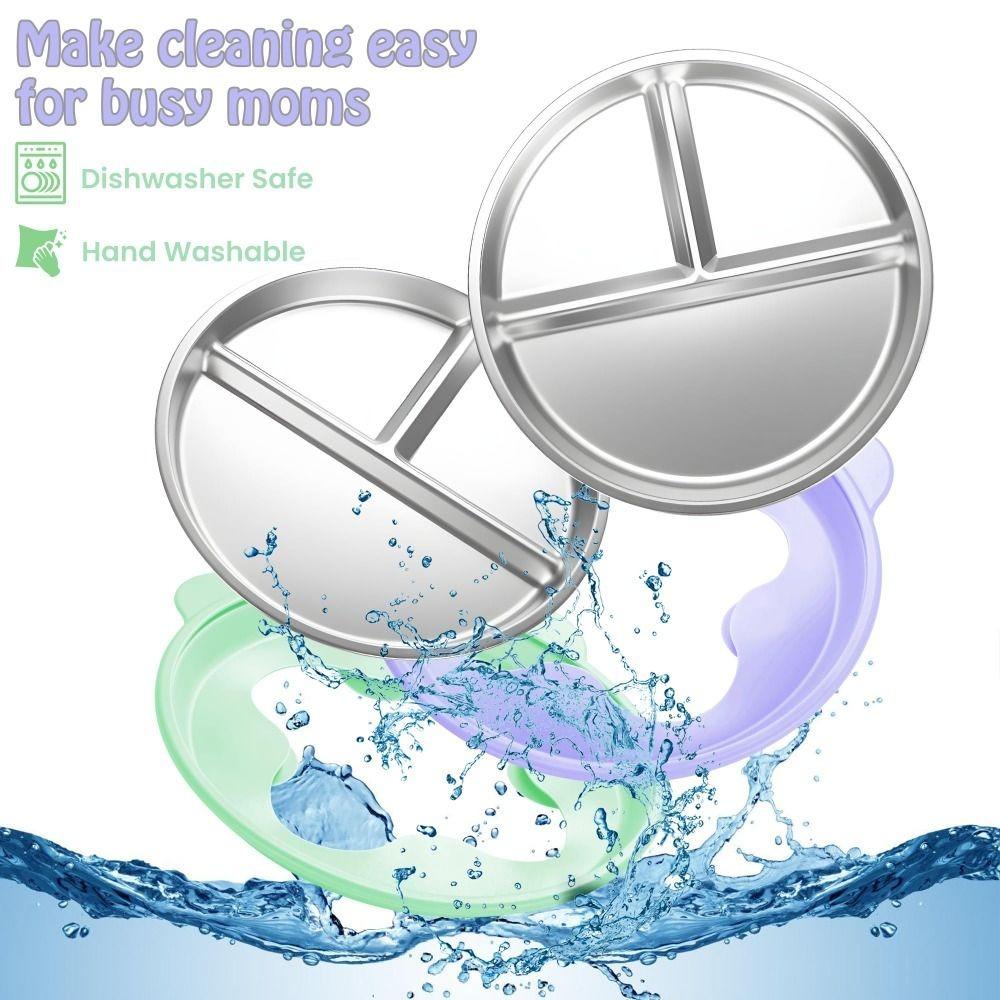 Premium Stainless Steel Cute Toddler Divided Plates Non Slip Removable Sleeves Snack Dishes Unbreakable BPA-Free Plate Home