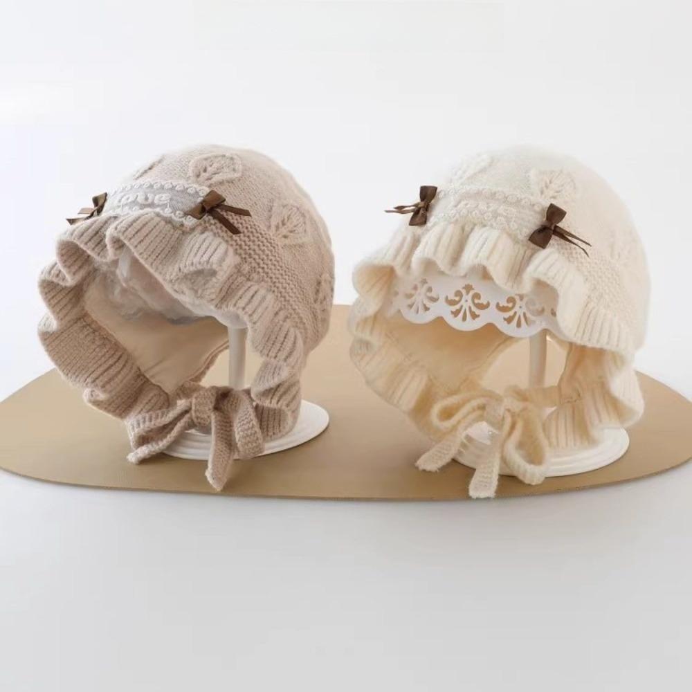 Ruffle Design Newborn Infant Hat Bow Detail Princess Bonnet Hat Soft Warm Hat  For Baby Girls