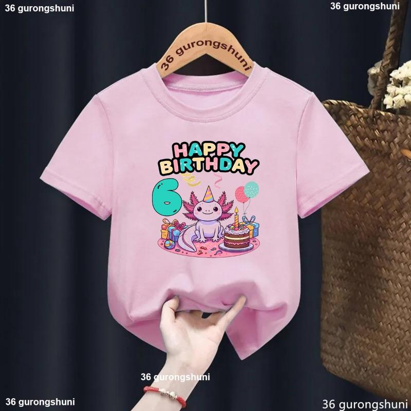 Kawaii Axolotl  Birthday Gift Kids Clothes Happy Birthday 1st/2nd/3rd/4th/5th6th/7th/8th/9th Pink Tshirt Girls/Boys Toddler Tees 110