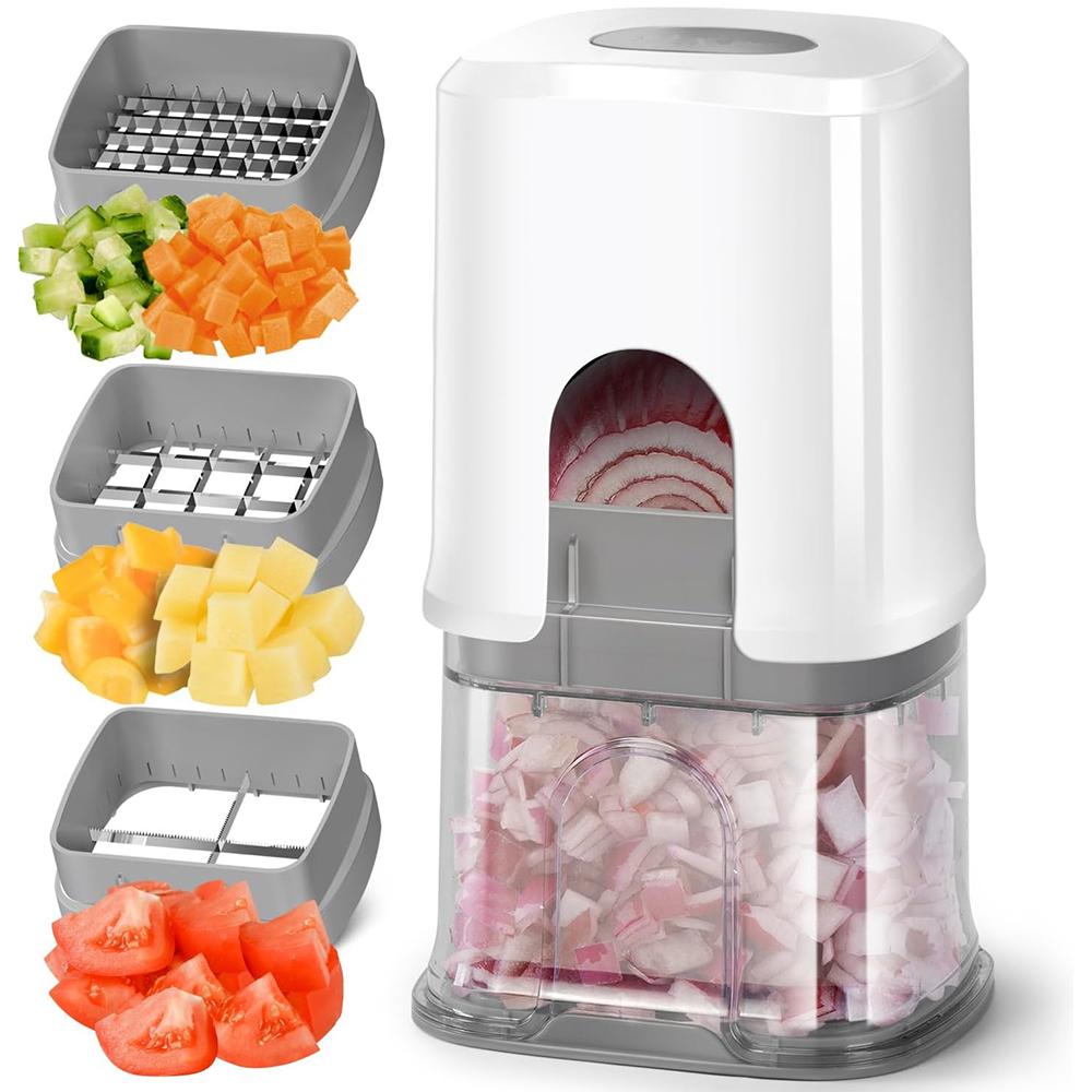 LMETJMA French Fry Cutter Potato Slicer with Container Manual Vegetable Chopper with 3 Blades Kitchen Apple Slicer Onion Dicer