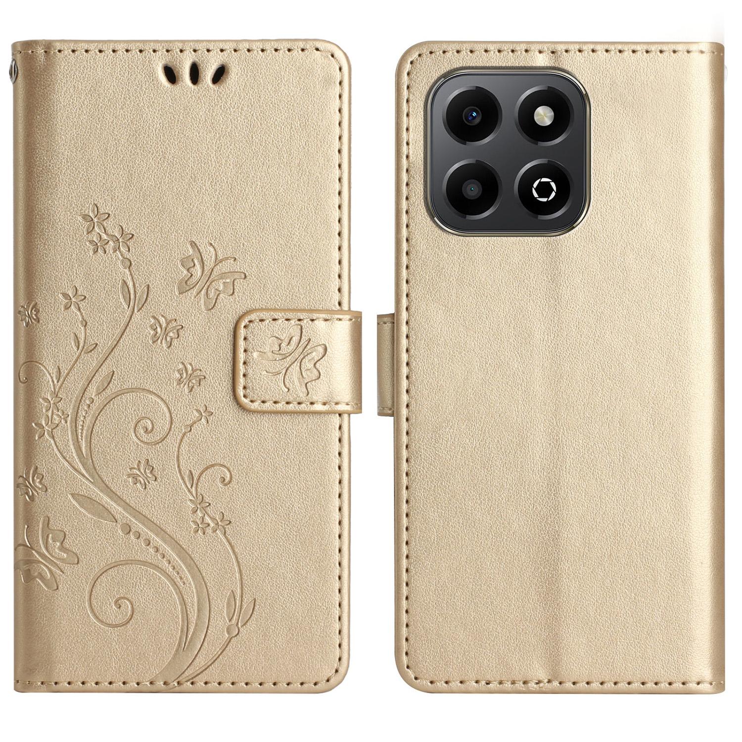 

For Honor X6b 4G Leather Wallet Case Butterfly Flower Imprinted Phone Cover with Strap Gold