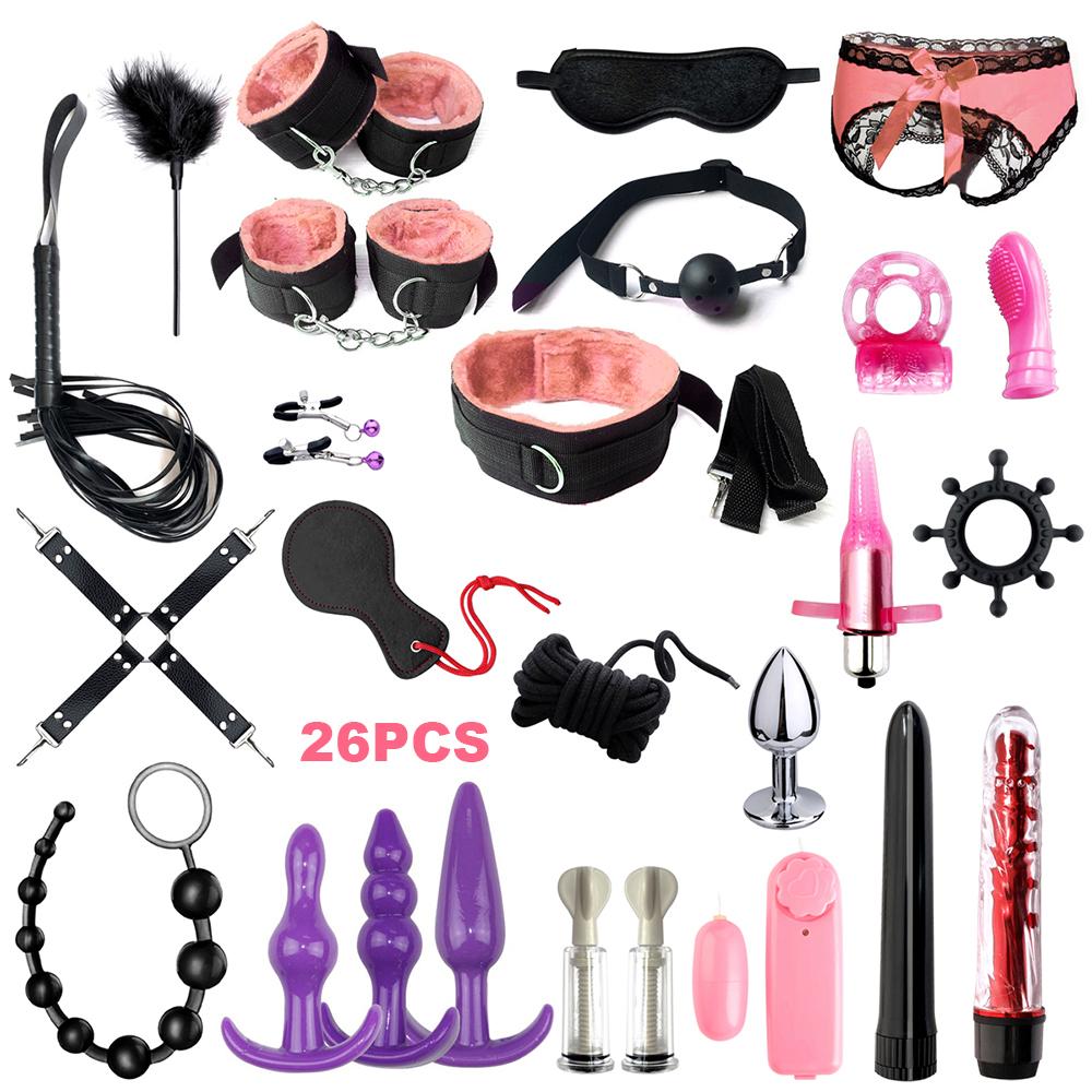 Fetish BDSM Kit Set Sex Toy Handcuffs for Woman Adult Supplies Handcuffs Whip Anal Plug Vibrator Bondage Rope Sexual Sexy Game