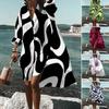 Turn-down Collar Long Sleeve High-Low Hem Holiday Dress Geometry Wave Print Oversized Shirt Dress Female Clothes