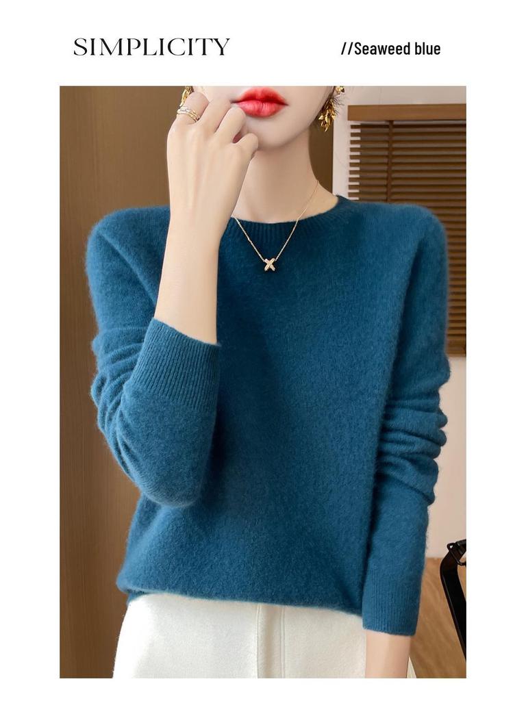 Women's Solid Color Wool Knit Pullover Sweater for Fall and Winter