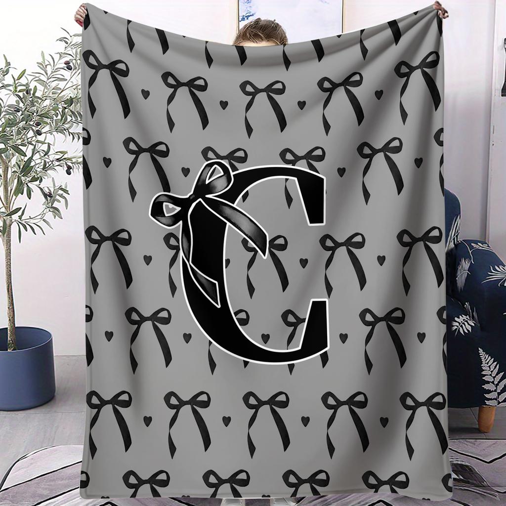 Trendy Personalized Monogram Letter Bow Pattern Blanket Soft Fluffy Decorative Couch Bed Blanket Suit AllSeason