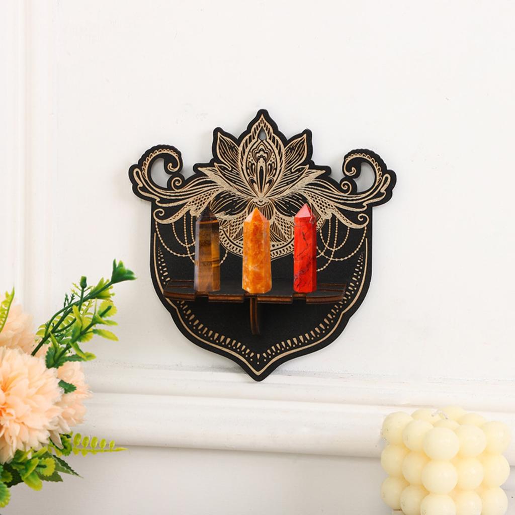 Crystal Display Shelf Wooden Wall Floating Shelf Moon Sun Witchy Stuff Storage Shelf Rustic Wooden Hand Holder for Rock Gemstones Meditation Spiritual