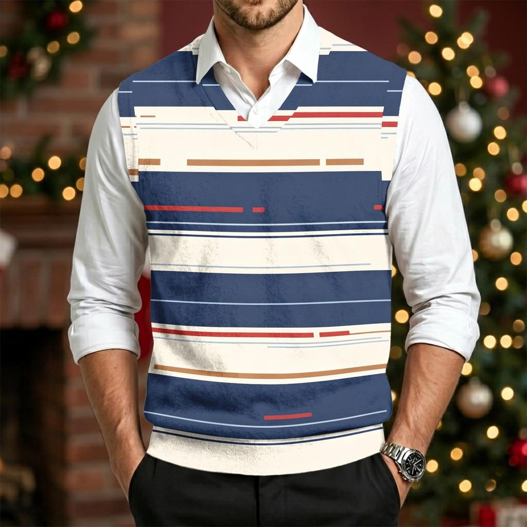 Men's Casual V-Neck Printed Wool Sleeveless Knit Vest for Commute and Daily Wear
