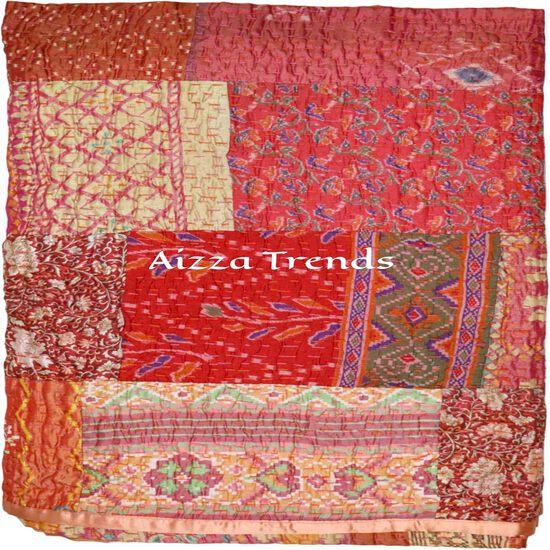 Aizza Trends Handmade Pure Cotton Patch and Patola Work Kantha Quilt - Traditional Indian Throw Blanket-Vintage Cotton Silk Saree Quilt