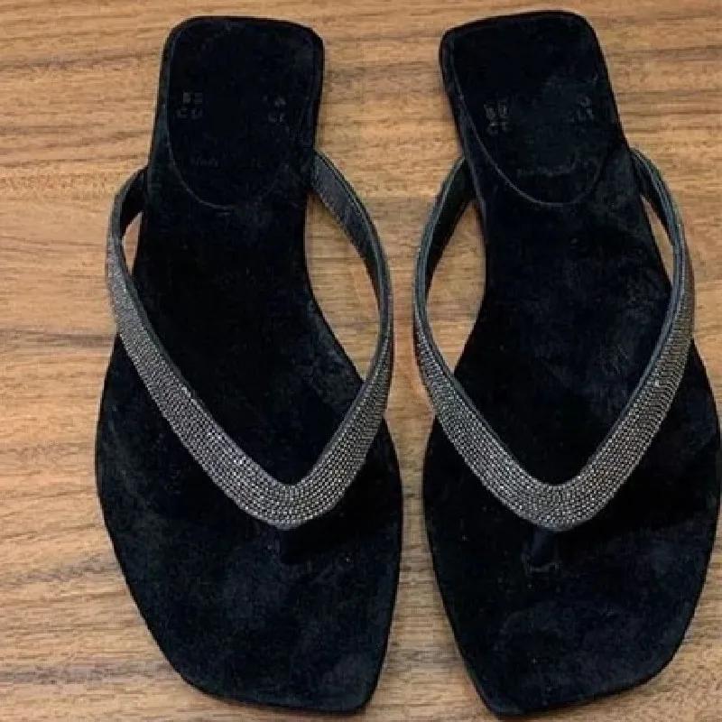 

Fashion Fashion Square Toe Crystal Narrow Band Flat Slippers High Quality Faux Suede Clip Toe Flip Flops Women Comfort Casual Beach Shoe 35 чёрный