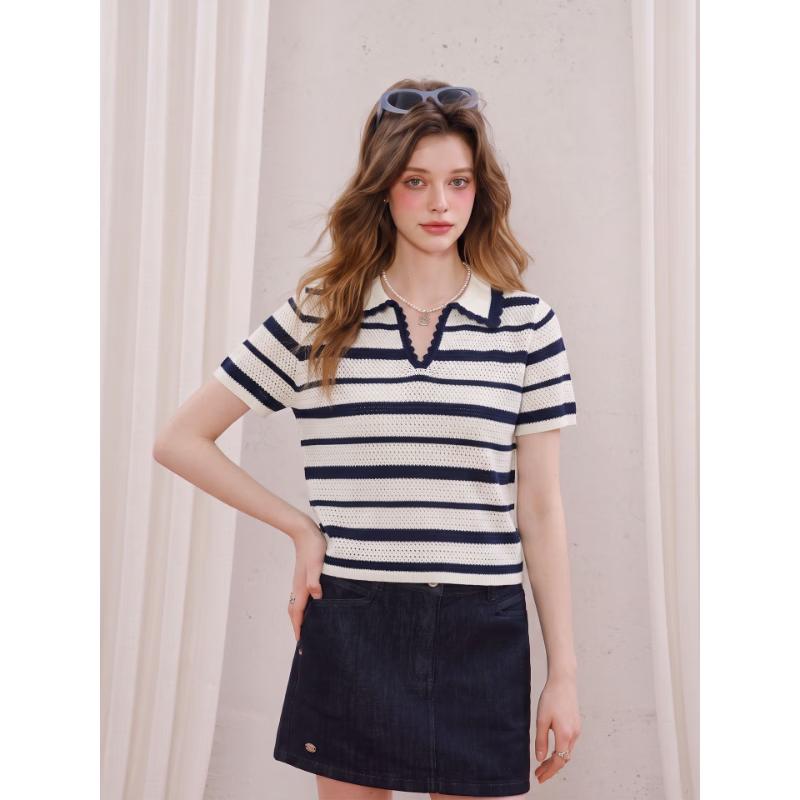 CHOCOOLATE Women's Color-Block Striped Knit Polo