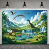 Lebendige Jura-Dinosaurier-Dschungel-Kulisse Wasserfall und Berglandschaft Hintergrundtuch für Partydekoration
