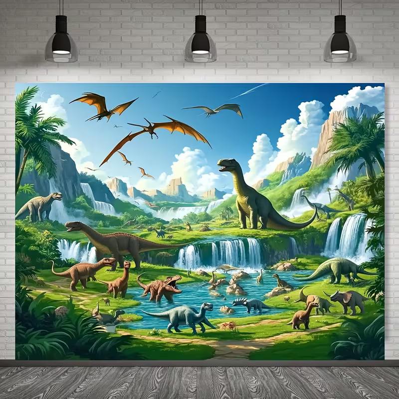 Lebendige Jura-Dinosaurier-Dschungel-Kulisse Wasserfall und Berglandschaft Hintergrundtuch für Partydekoration