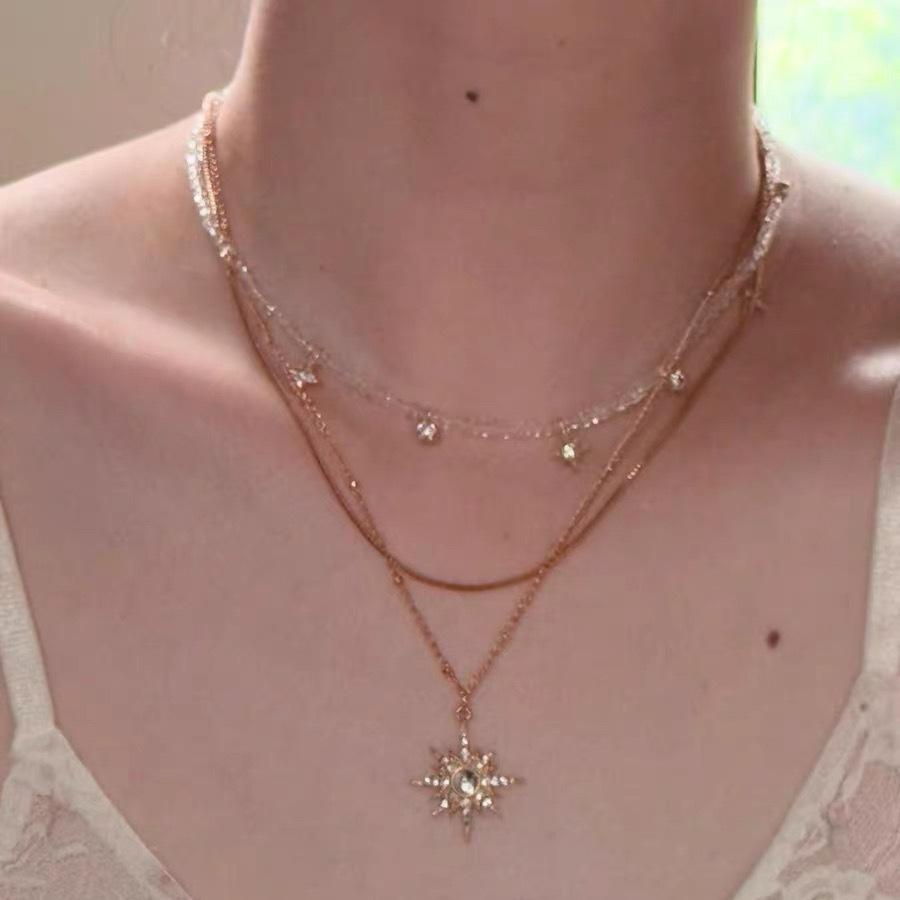 Vintage Gold Sunflower Star Multi-layer Necklace, Retro Sweet Cool Light Luxury Clavicle Chain
