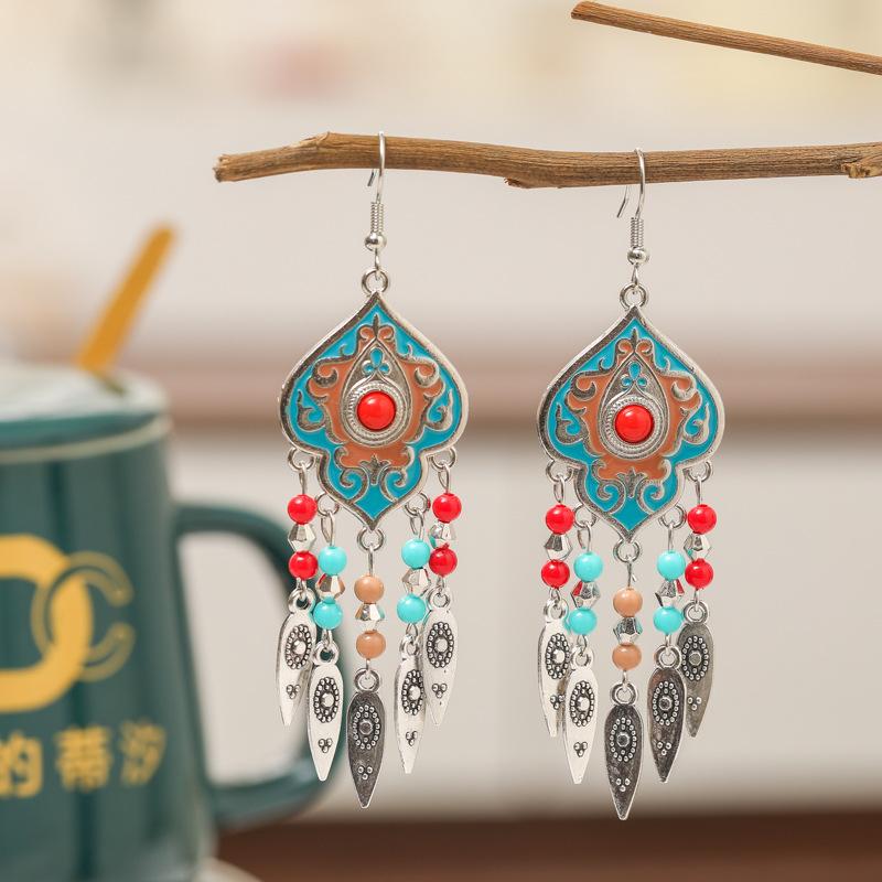 Ethnic Unique Pattern Geometric Charm Earrings for Women Creative Drop Oil Colorful Beads Metal Tassel Hanging Earrings Jewelry