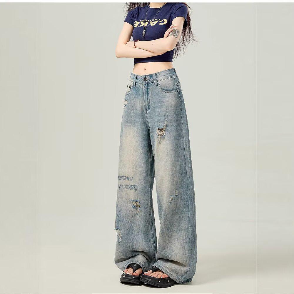 Light Blue High-Waist Distressed Wide-Leg Jeans for Women L